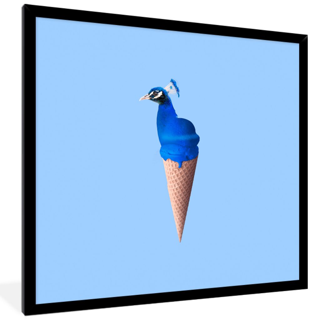MuchoWow Gerahmtes Poster Pfau - Eistüten - Eiscreme - Blau - Vogel 40x40 cm - Poster mit Schwarzem Bilderrahmen Wandposter Rahmen Foto Bilder -...