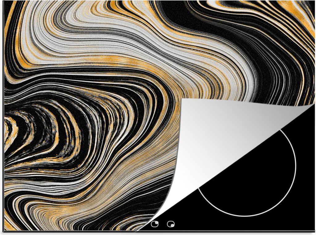 KitchenYeah Herdabdeckplatte Marmor - Golden - Schwarz , 71x52cm, Küche Deko, Glaskeramikfeld Herdabdeckung, Abdeckplatte fùr Kochfeld
