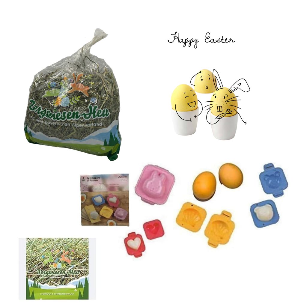 Ostergras - Bergwiesen-Heu 50g Farbe Natur großer Beutel für das Osternest + Eier-Former 4tlg 4-teiliges Deko-Set in bunten Farben Bringen hartge...