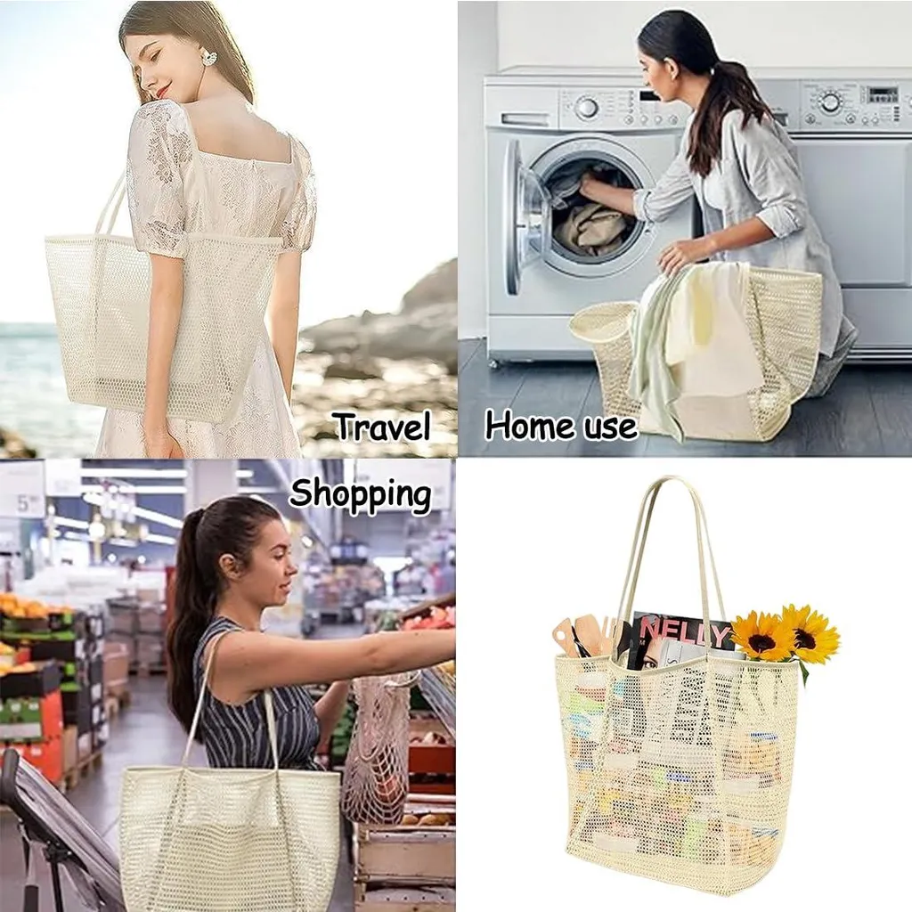 Sac de plage filet XL pliable et ultra léger pour femme avec zip robuste