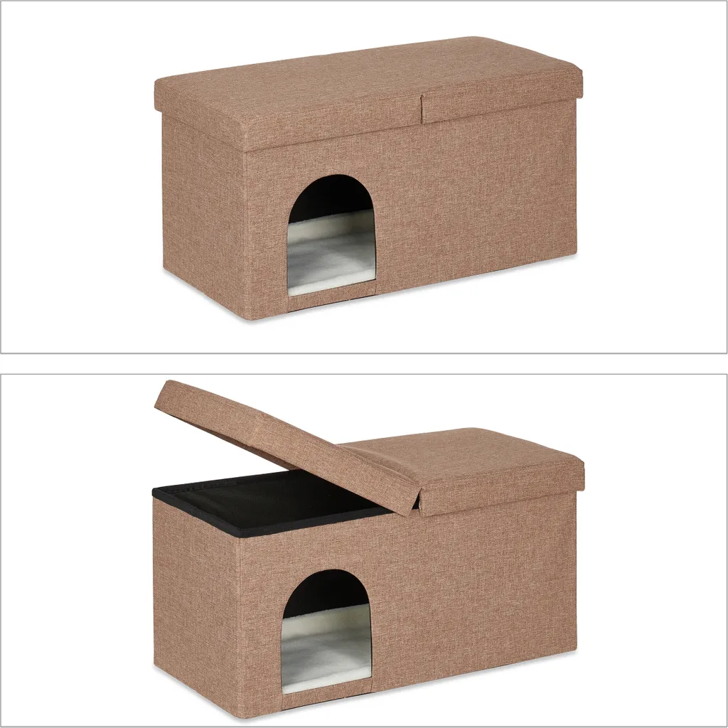 Cachette pour chat marron clair discrète et tabouret gain de place déco - 6