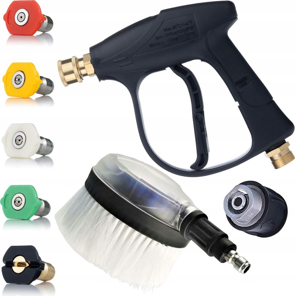 Hochdruckreiniger Zubehör Set – Pistole 300 bar | 5x Schnellwechseldüsen QC | M22-K Adapter | Rotierende Druckbürste 1/4" QC | Für Karcher La...