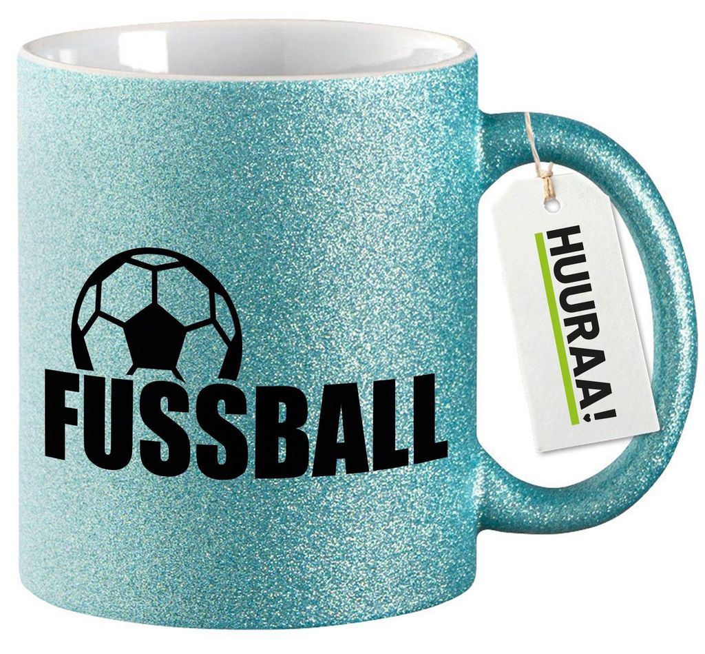 Huuraa Glitzertasse Fussball Ball 330ml Blau Keramik Kaffeebecher Geschenkidee