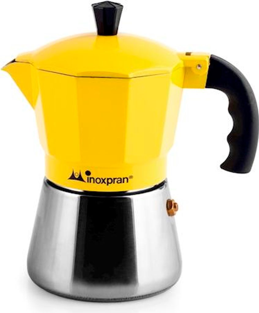 Kaffeemaschine aus Aluminium mit Edelstahlboiler, drei gelbe Tassen