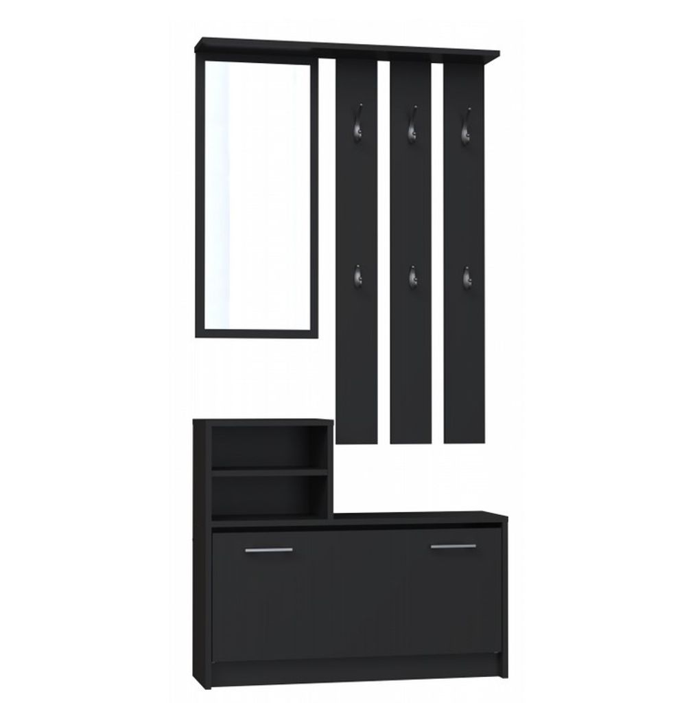 A black entryway furniture set with a mirror, coat hooks, and a shoe cabinet.