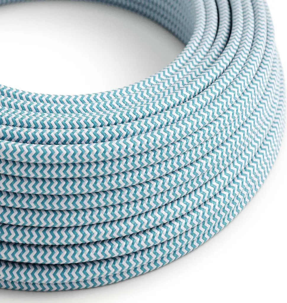 Câble textile effet soie ZigZag Turquoise Blanc RZ11 pour lampe DIY 10m