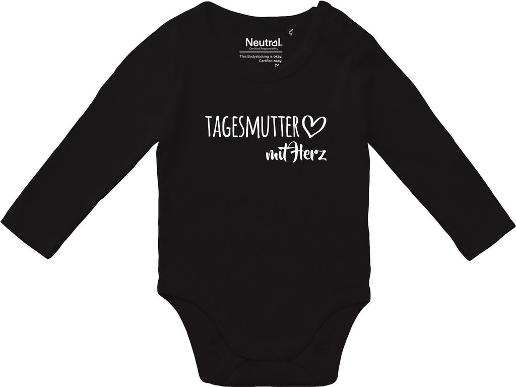 Huuraa Baby Body Tagesmutter mit Herz 74 Black Baumwolle Fairtrade Langarmbody Geschenkidee