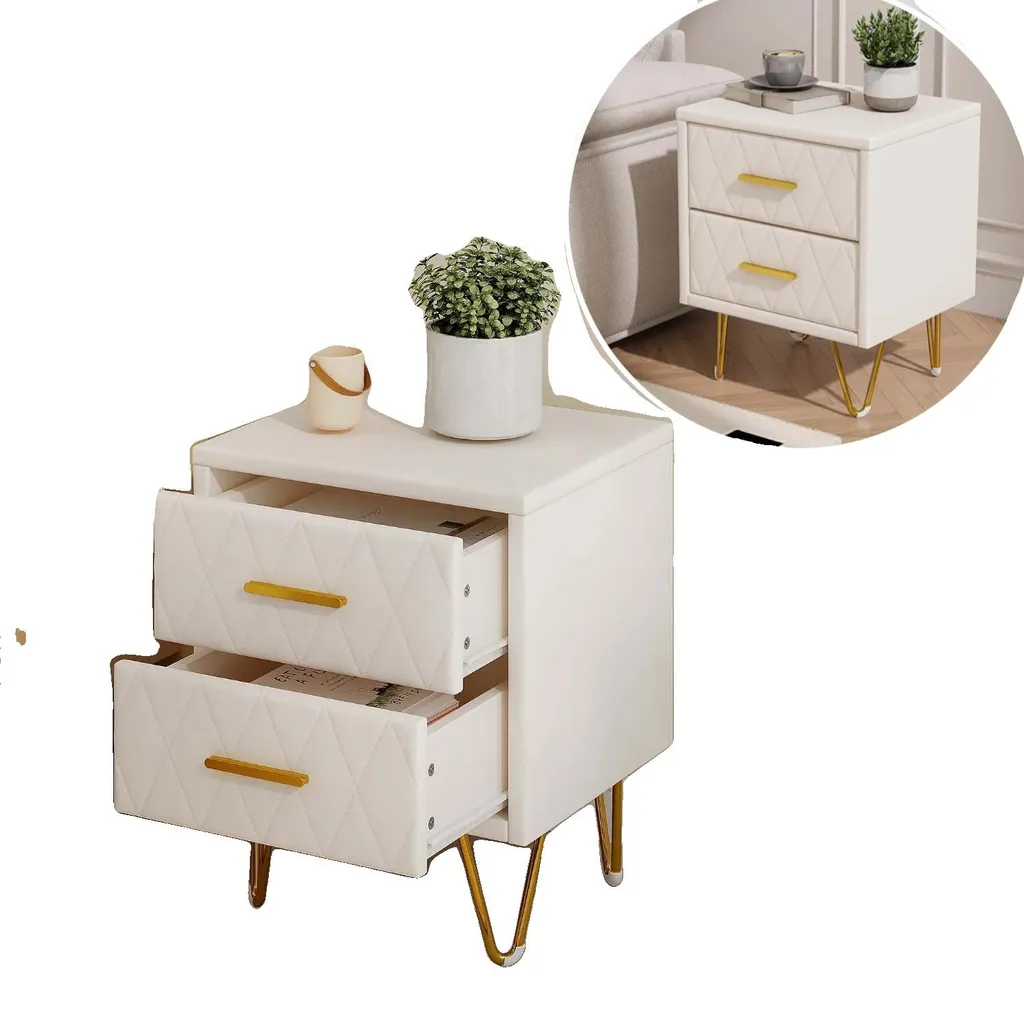 Table de chevet beige avec deux tiroirs design moderne, lot de 2 unités