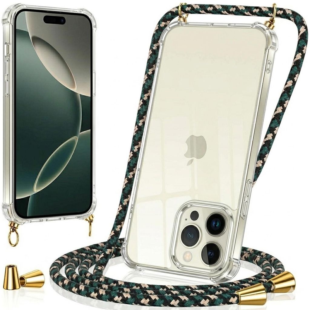 Handykette für Apple iPhone 16 Plus Case zum umhängen Schutzhülle Kordel Handy Hülle, Halsband Camouflage Grün