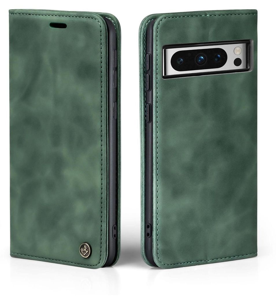 A green flip case for a Google Pixel 8 Pro phone, shown from two angles.