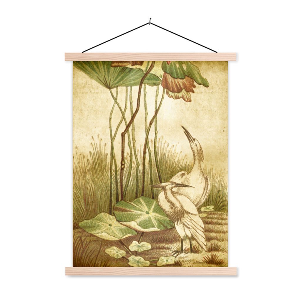 MuchoWow Textilposter Antiker Vogeldruck elegante Vögel 60x80 cm mit holzfarbenen Rahmen - Wandbild