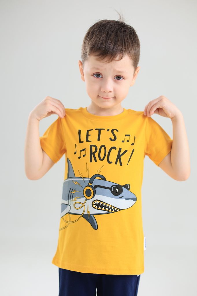 Jungen-Schlafanzüge kurze Ärmel, lange Hose Let's Rock - Gelb/Navy - 104