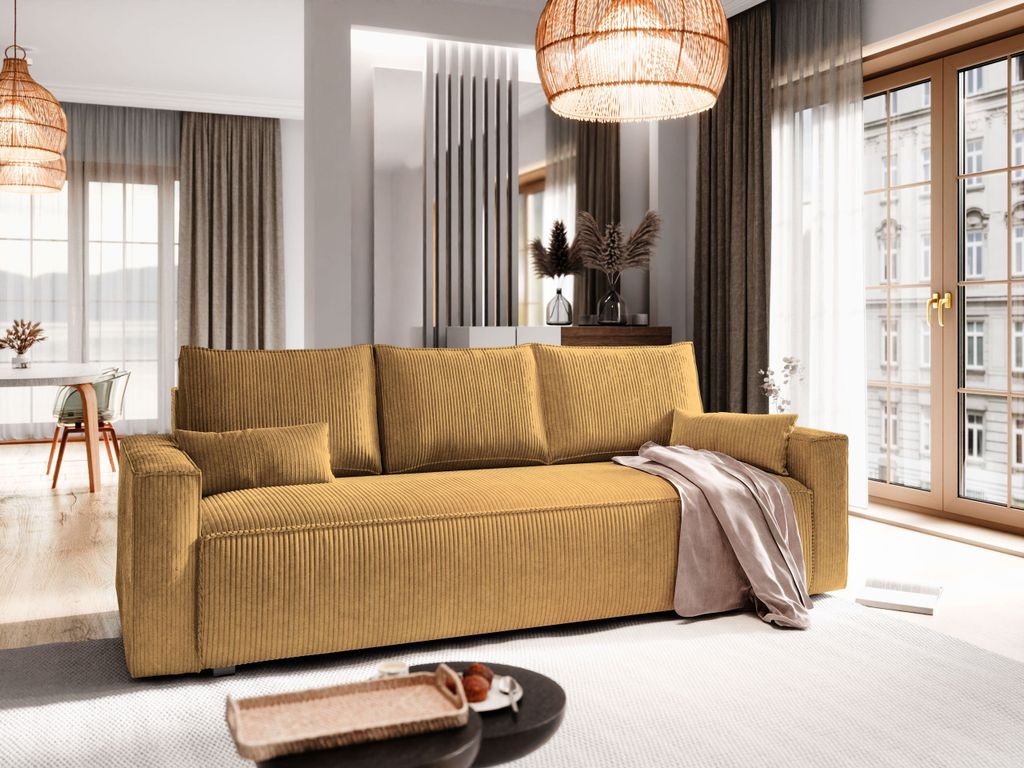 Sofa MENI Gelb Kordstoff mit Schlaffunktion, Sofa mit Bettkasten, Sofa mit Bettkasten, Wohnzimmersofa, Couch, Soffa, Bettsofa, Couchgarnitur- Gelb,...