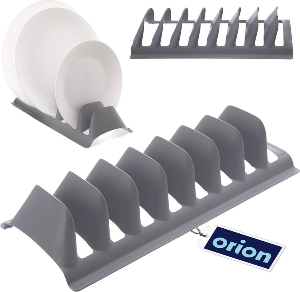 A collage of images showcasing a gray plastic dish rack, with a close-up of plates in one section.