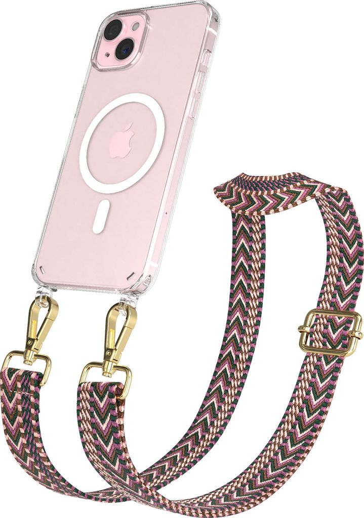 EAZY CASE - Handykette mit MagSafe Hülle für Apple iPhone 15 Plus, Handyband ZigZag Style,Karabiner Gold, Umhängeband in Dunkelrot