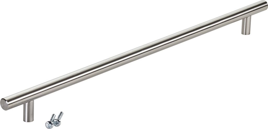 A stainless steel cabinet handle with two screws on a white background.
