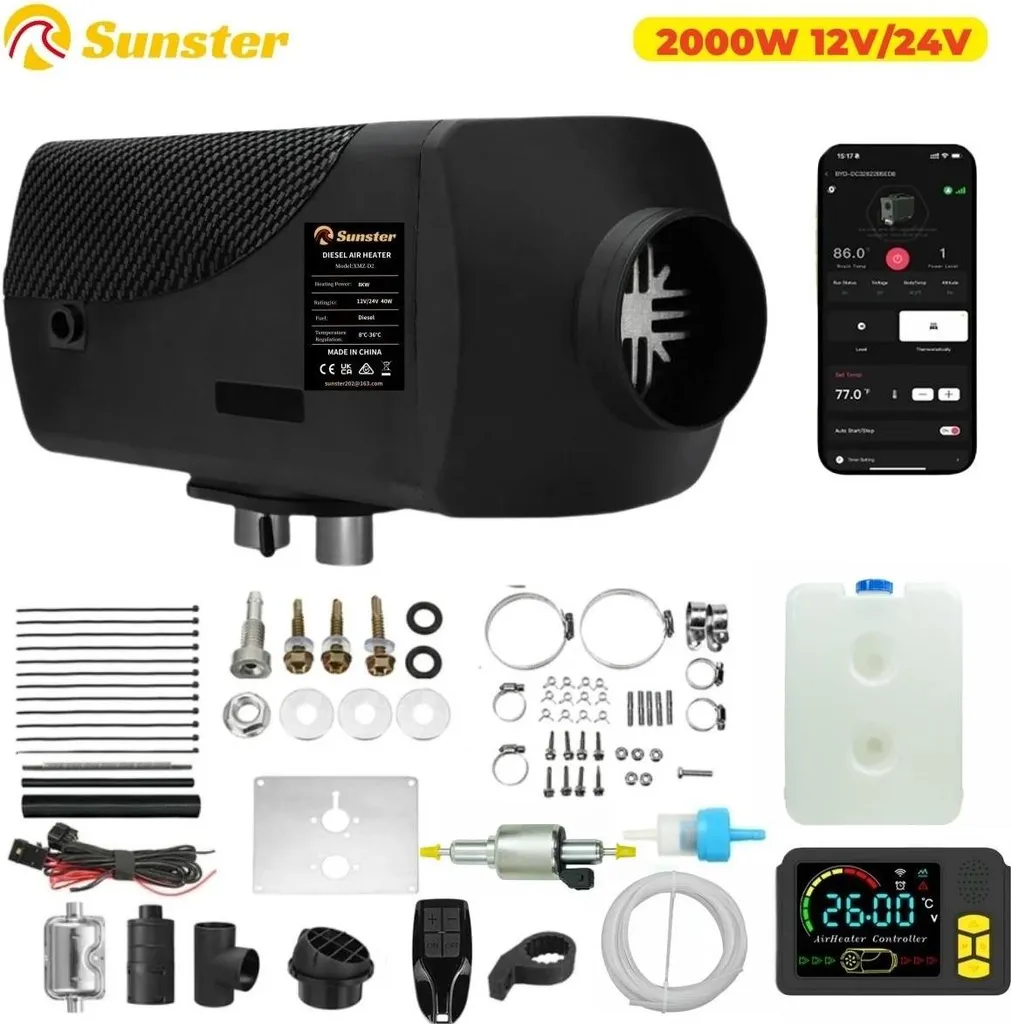 Chauffage diesel pour van et camping-car 2kW Bluetooth 12V/24V Noir 10L