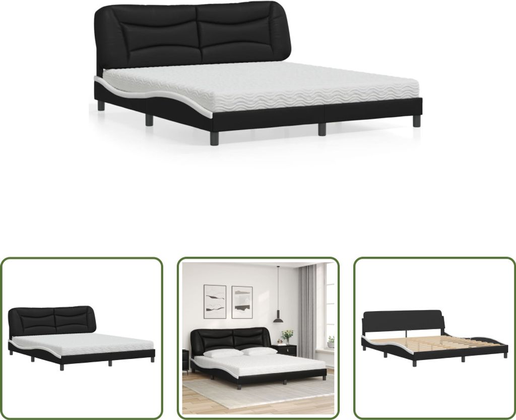 The Living Store Bett mit Matratze Schwarz und Weiß 180x200 cm Kunstleder
