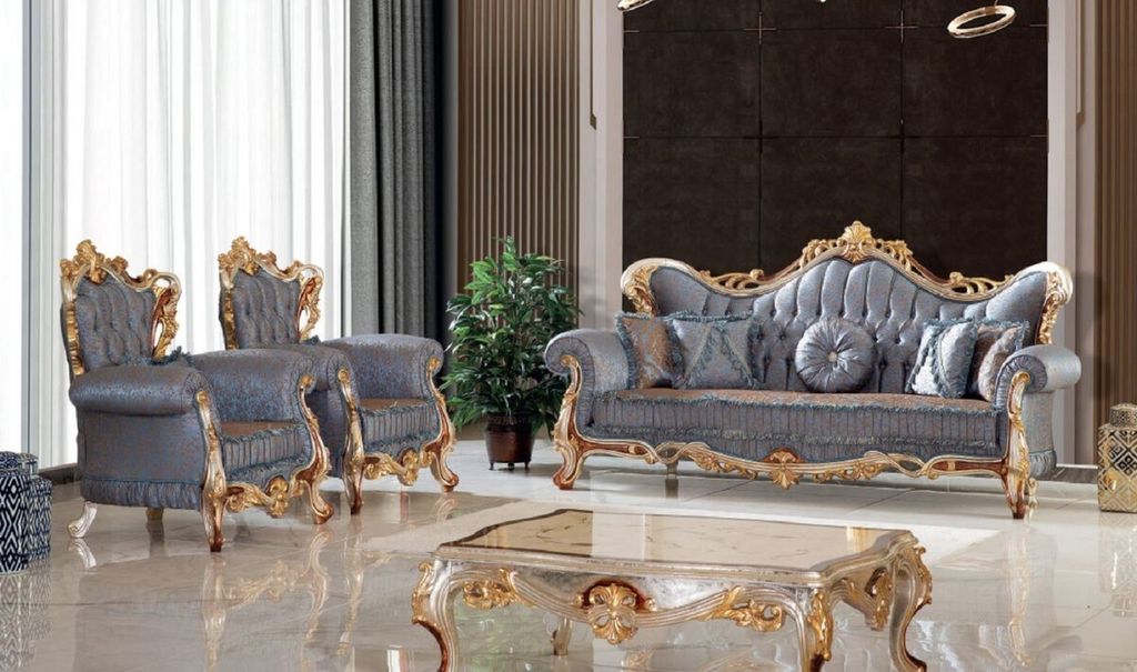Casa Padrino Luxus Barock Wohnzimmer Set Blau / Kupfer / Silber / Braun / Gold - 2 Sofas & 2 Sessel & 1 Couchtisch - Handgefertigte Wohnzimmer Möb...