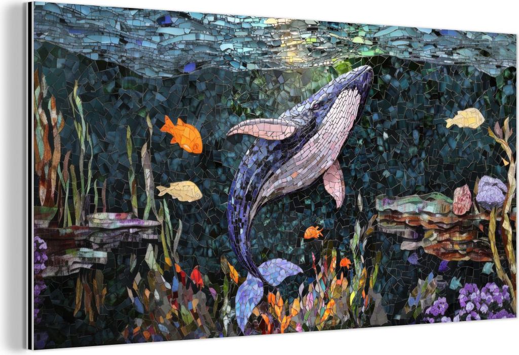 MuchoWow Wanddekoration Metall Metallbild Wandkunst 120x60 cm Mosaik - Wal - Koralle - Wasser MuchoWow Aluminium Gemälde - Metalbilder