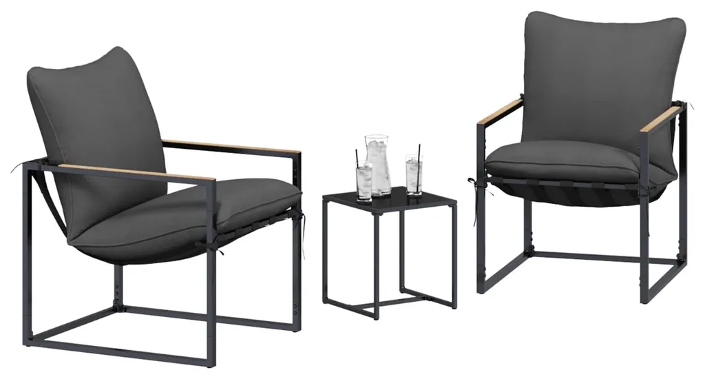 Canapé de jardin en acier noir 3 pièces avec coussins anthracite confort