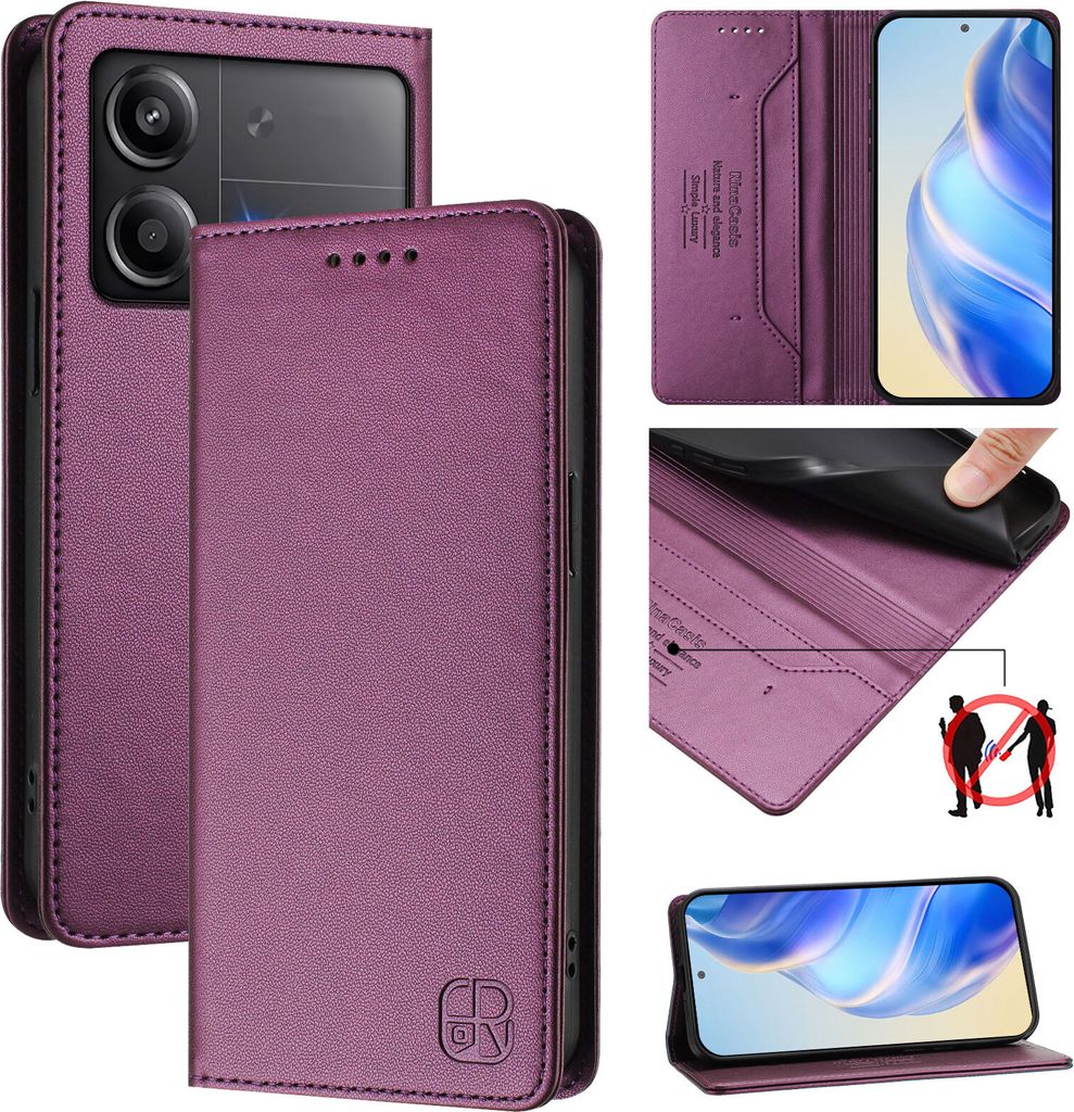 Lederhülle für Xiaomi Poco X6 Neo Hülle Flip Brieftasche Kartenfächern Ständer Schutzhülle Lila