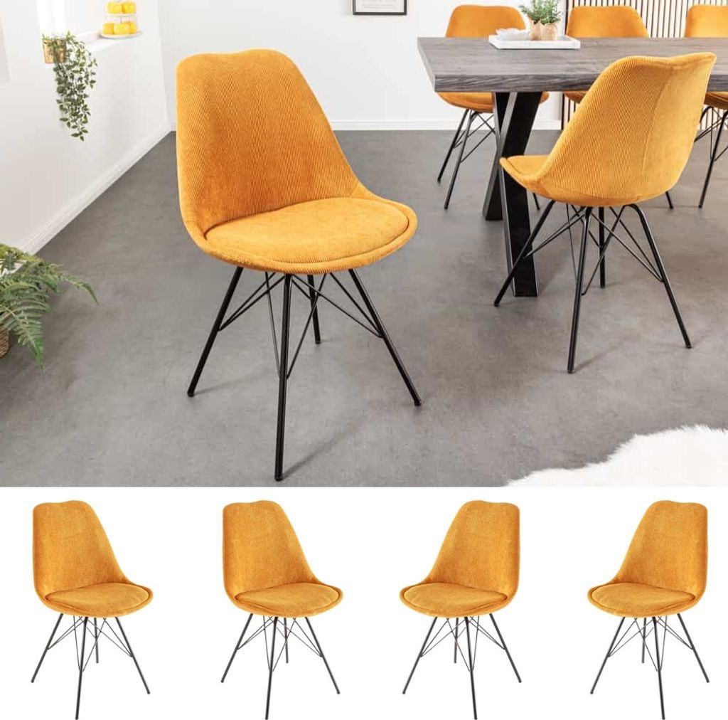 4er Set Design-Klassiker Stuhl NORWAY senfgelb Cord Metallgestell