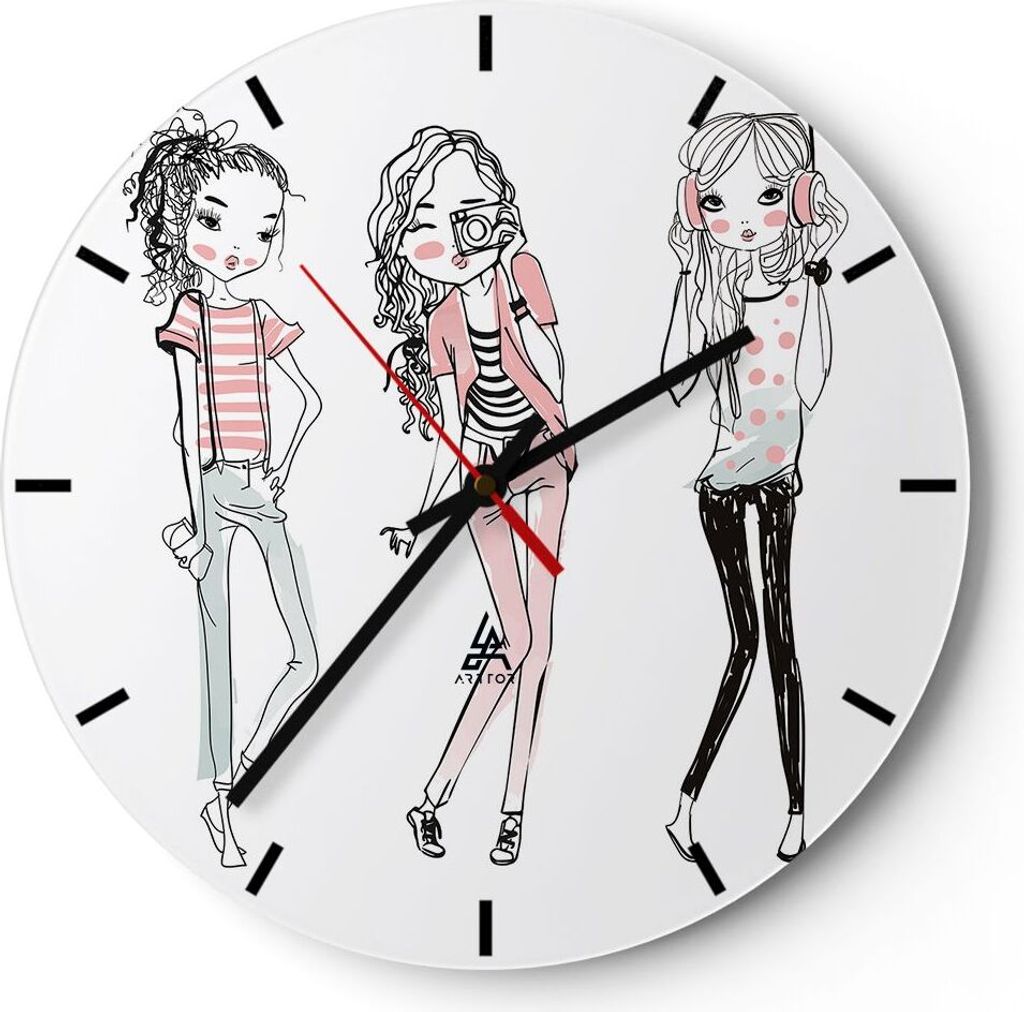 Wanduhr - Rund - Glasuhr - Mädchen Mode Trends Treffen - 30x30cm - Schleichendes Uhrwerk - Lautlos - zum Aufhängen bereit - Dekoration Modern - W...