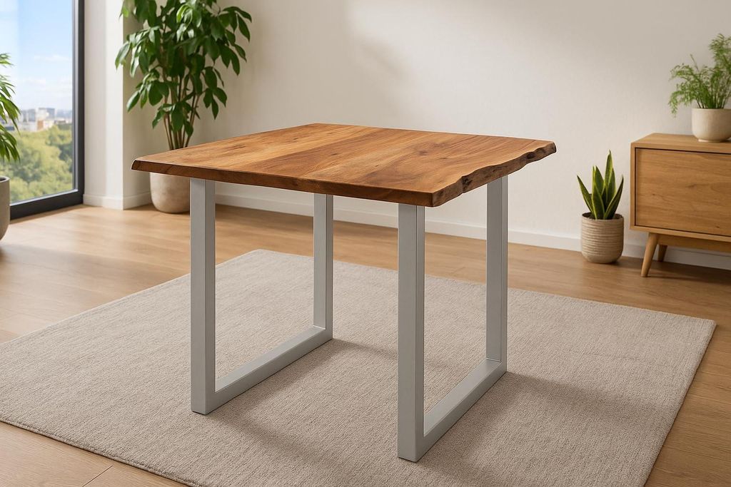 Esszimmertisch 80x80 cm Laurina, Baumkantentisch aus Akazienholz, massiv + nougatfarben, U-Metallgestell Silber, Esstisch mit echter Baumkante