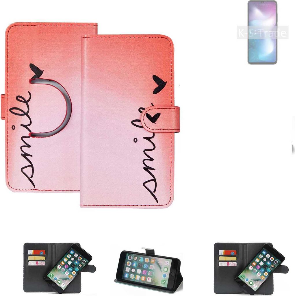 K-S-Trade Schutzhülle Handyhülle kompatibel mit Xiaomi Redmi 9 Activ Hülle cover bookstyle Etui ''smile'' rot Standfunktion Kameraschutz (1Stk)