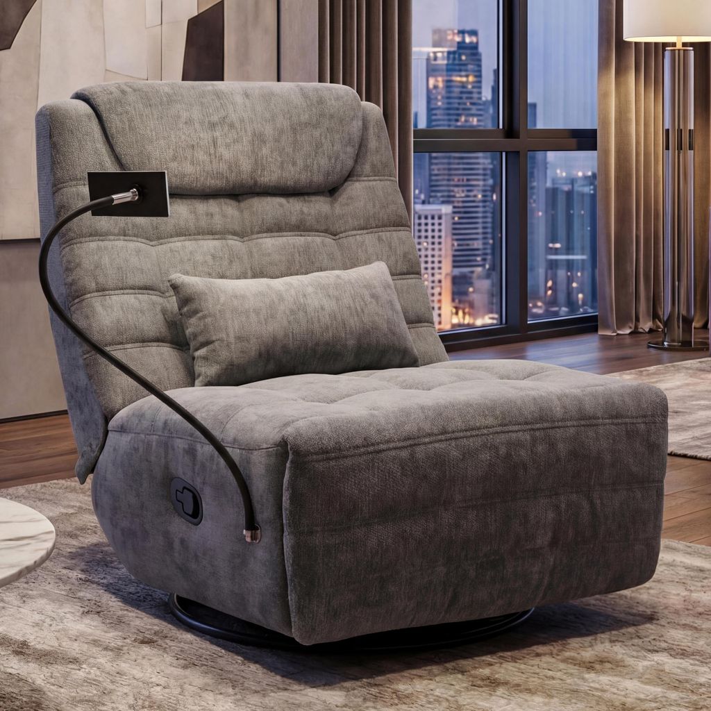 Relaxsessel HWC-P92, TV-Sessel Fernsehsessel, drehbar Kippfunktion Handyhalterung, Stoff Chenille (260g/m²) dunkelgrau