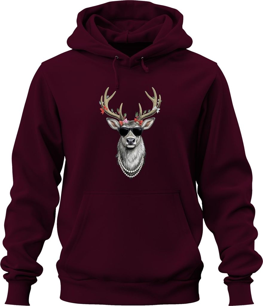 Cooles Rentier mit Sonnenbrille Perlenkette Weihnachten Retro Uni Hoodie Kapuzenpullover, Burgundy, S