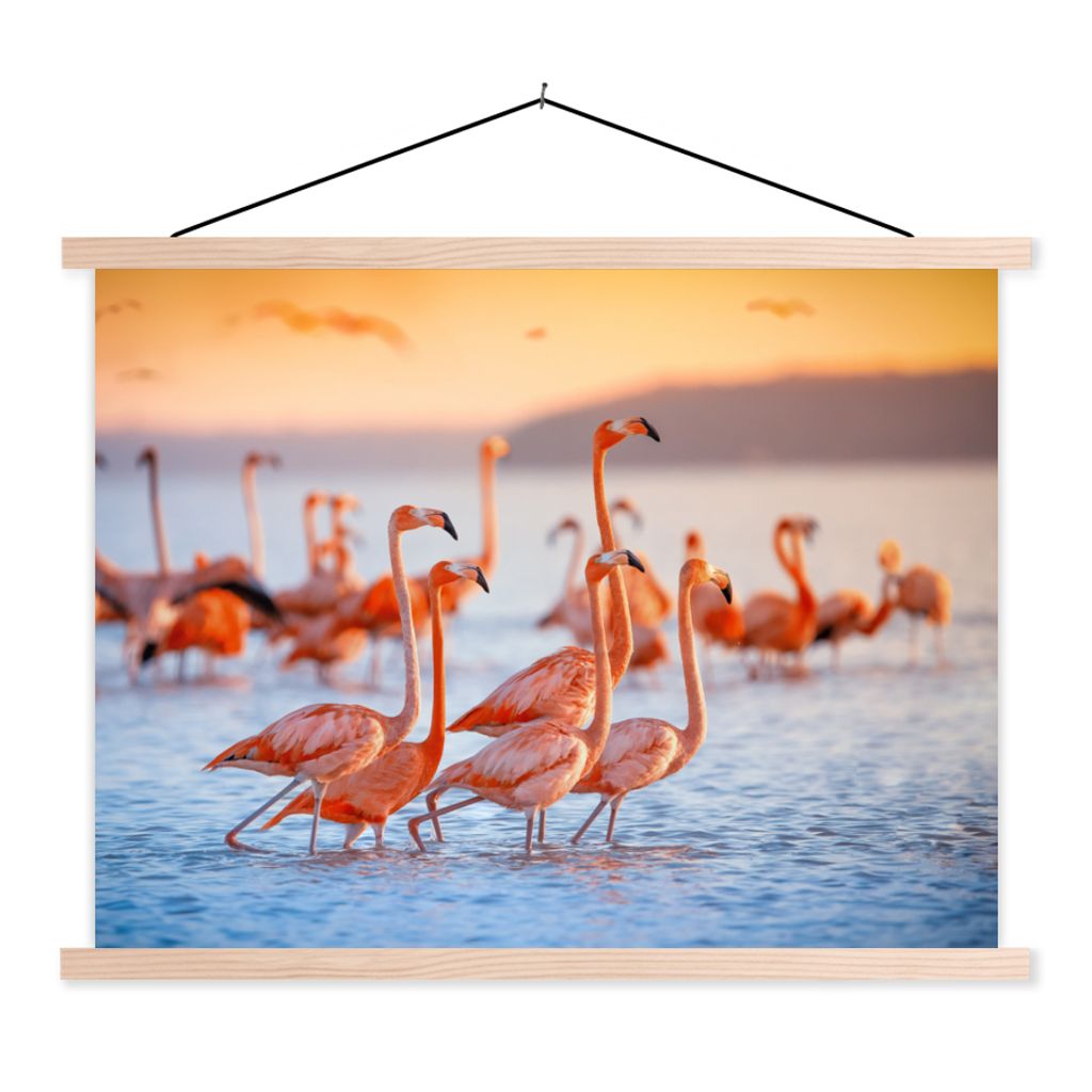 MuchoWow Textilposter Flamingo - Tiere - Wasser - Rosa 40x30 cm mit holzfarbenen Rahmen - Bilder