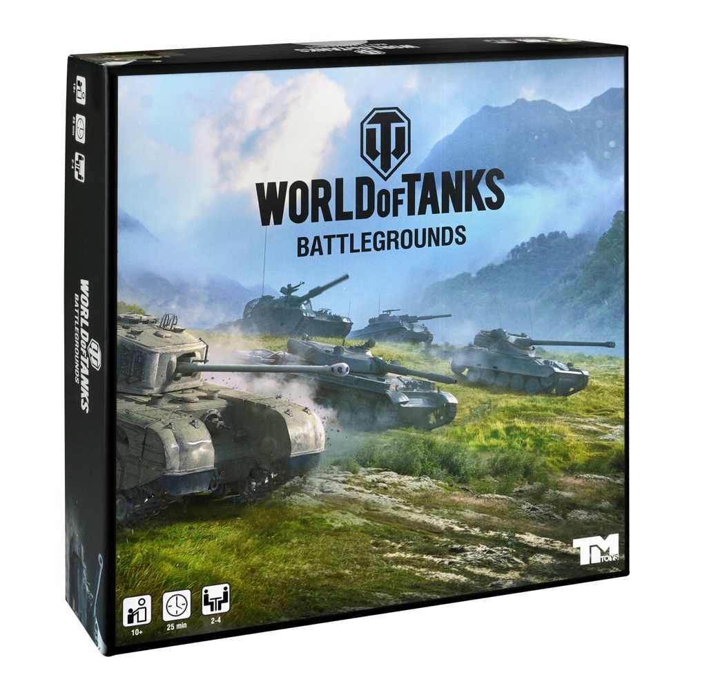 A box for the World of Tanks Battlegrounds board game, featuring tanks in a landscape.