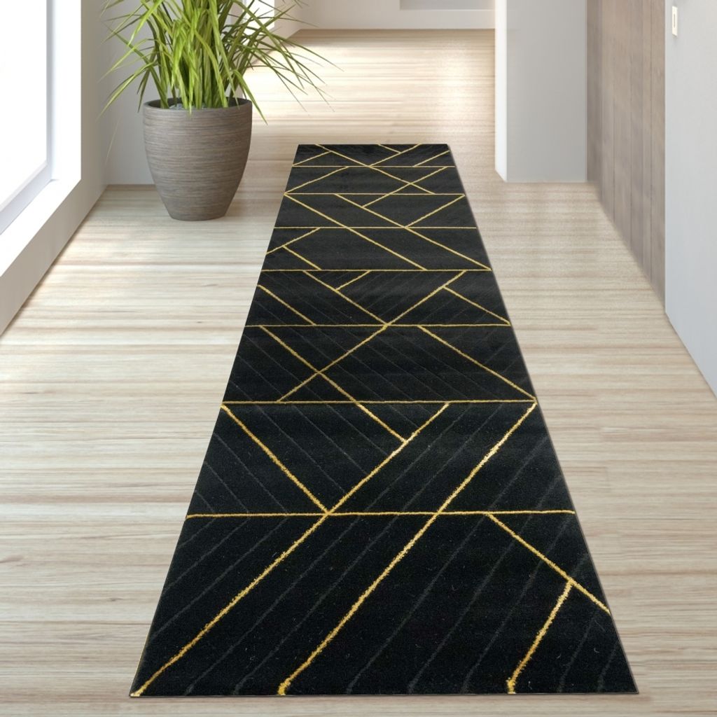 Teppich modern geometrisches Muster in schwarz gold Größe - 80 x 300 cm
