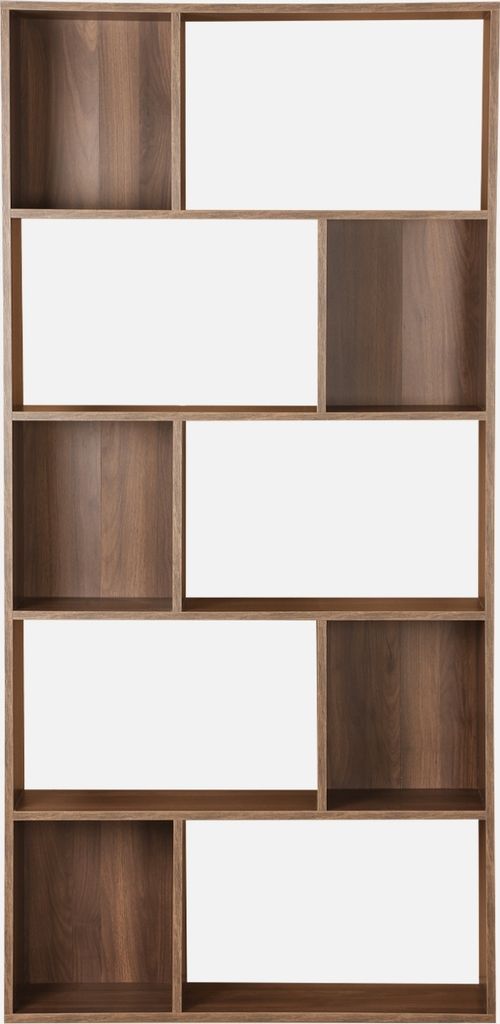 A multi-compartment bookshelf with a wood grain finish and white inserts.