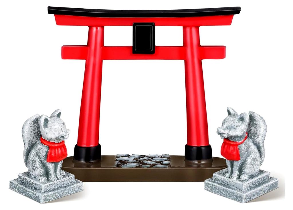 Japanisches Shinto-Torii-Tor und Inari-Schrein mit heiligem Fuchs Figurenset für Aquarien-Dekoration