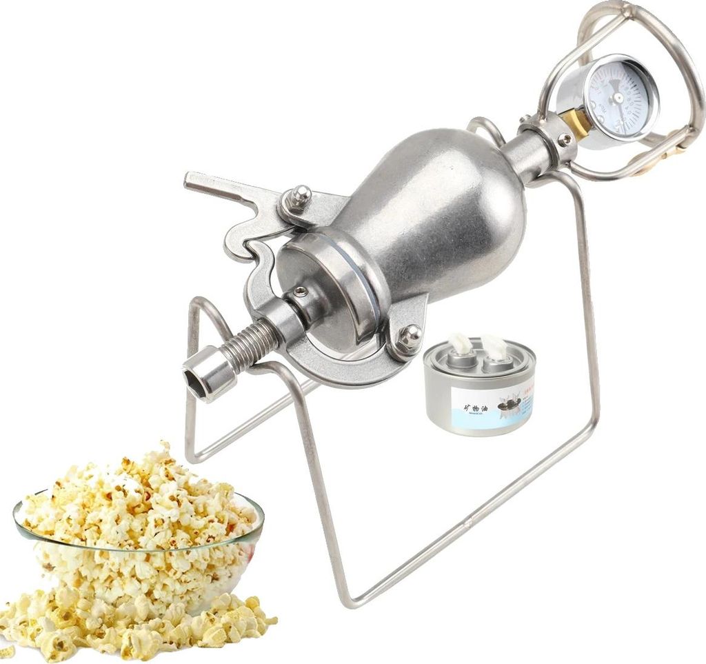 Popcornmaschine, Edelstahl, manuelle Bedienung, 100 ml Fassungsvermögen, offene Feuerheizung, geeignet für Mais und Hülsenfrüchte