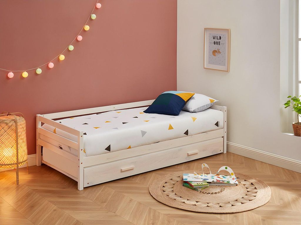 AEDAN II Ausziehbares Bett - 2 × 90 × 190 cm - Kiefer massiv und MDF - weiß gekalkt