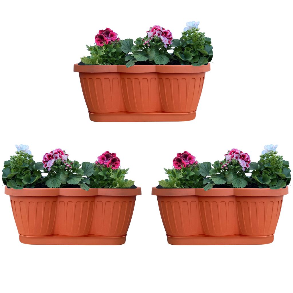 3er Set 40cm Blumenkasten Balkonkasten Pflanzkasten Terracotta im Wellendesign inkl. passenden Bewässerungsuntersetzer
