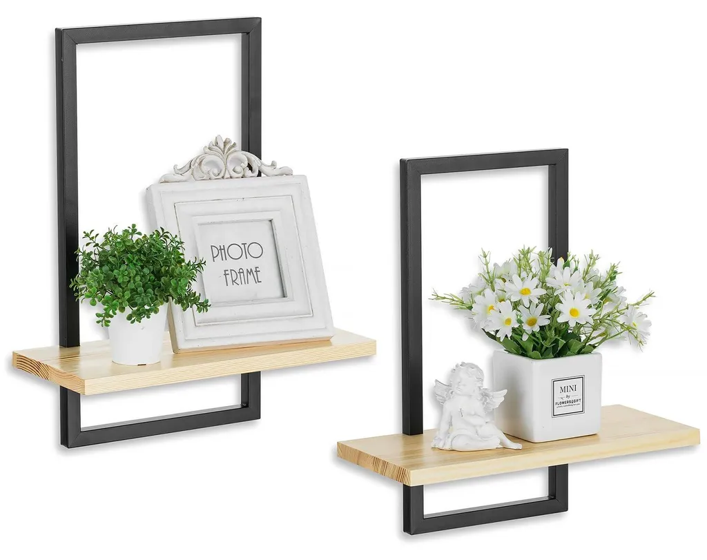 Lot de 2 étagères murales carrées en métal noir et bois - Design Moderne
