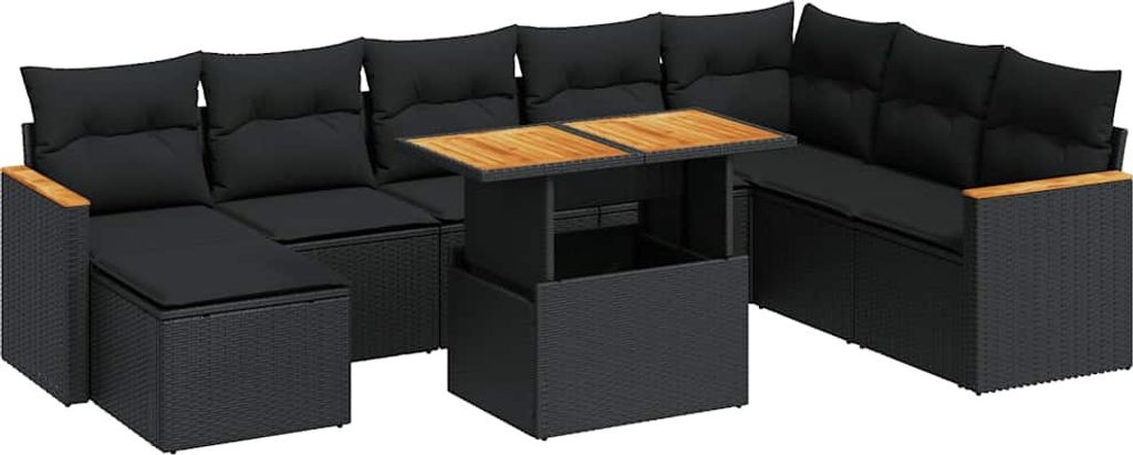 vidaXL 9-tlg. Garten-Sofagarnitur mit Kissen Schwarz Poly Rattan