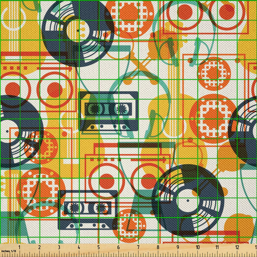 ABAKUHAUS Musik Satin Stoff als Meterware, Muster mit Musikinstrumenten in flachen Design-Stil Kassette Radio Vinyl Nostalgischen, 3 M (148 x 300 c...