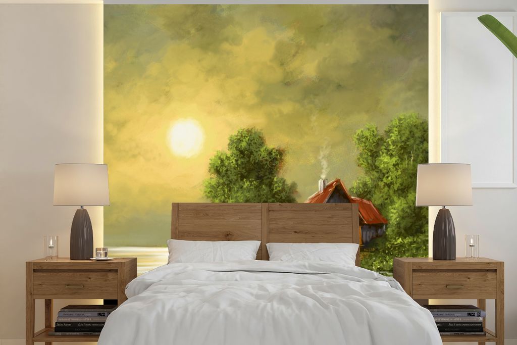 MuchoWow Fototapete für Wohnzimmer oder Schlafzimmer Wandtapete Vinyl Motivtapete Gemälde - Ölfarbe - Haus - Natur - Wasser - 220x220 cm - Tap...