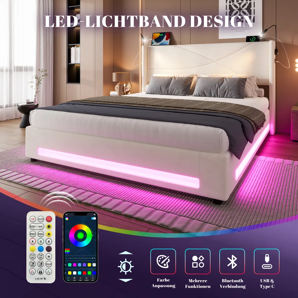 Lit hydraulique 140x200cm en velours beige avec lampes intégrées - 3