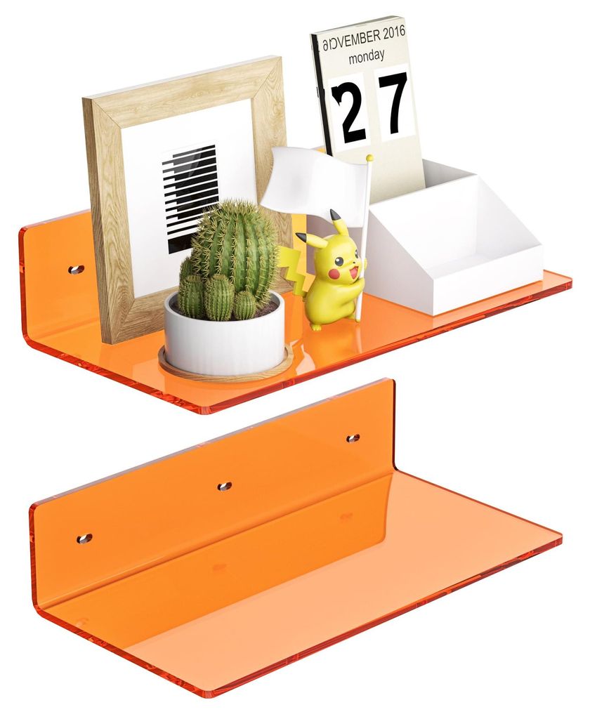 Set mit 2 kleinen orangefarbenen Wandregalen (30 cm), schwebende Acrylregale für Schlafzimmer, Wohnzimmer, Aufbewahrung für Smart Speaker, 2 Stück
