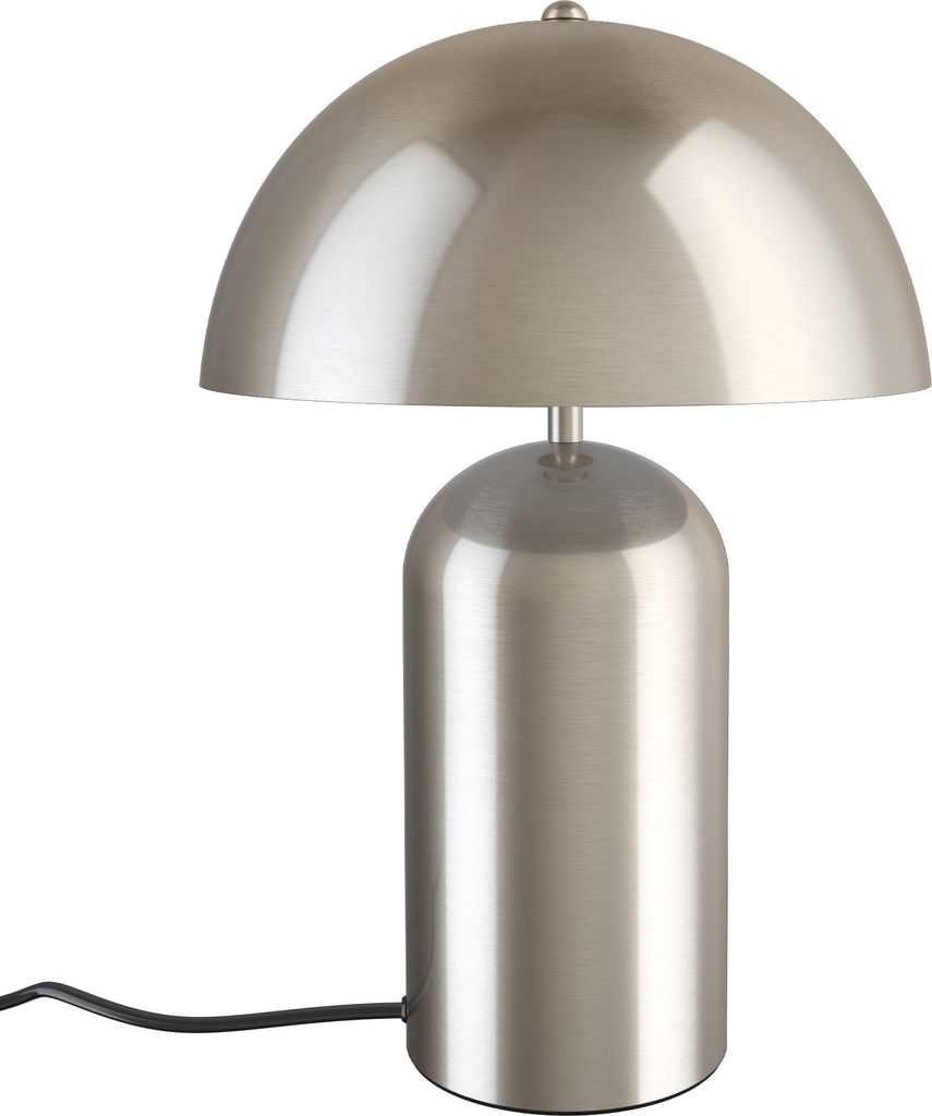 A silver-colored table lamp with a mushroom-shaped shade and a cylindrical base, shown against a white background.