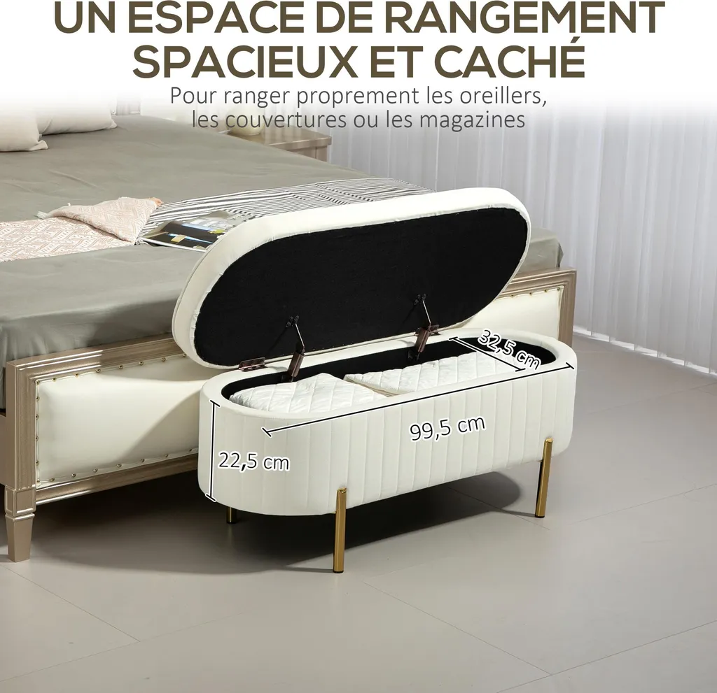 Bout de lit coffre velours crème idéal pour ranger couettes et oreillers 72L - 6