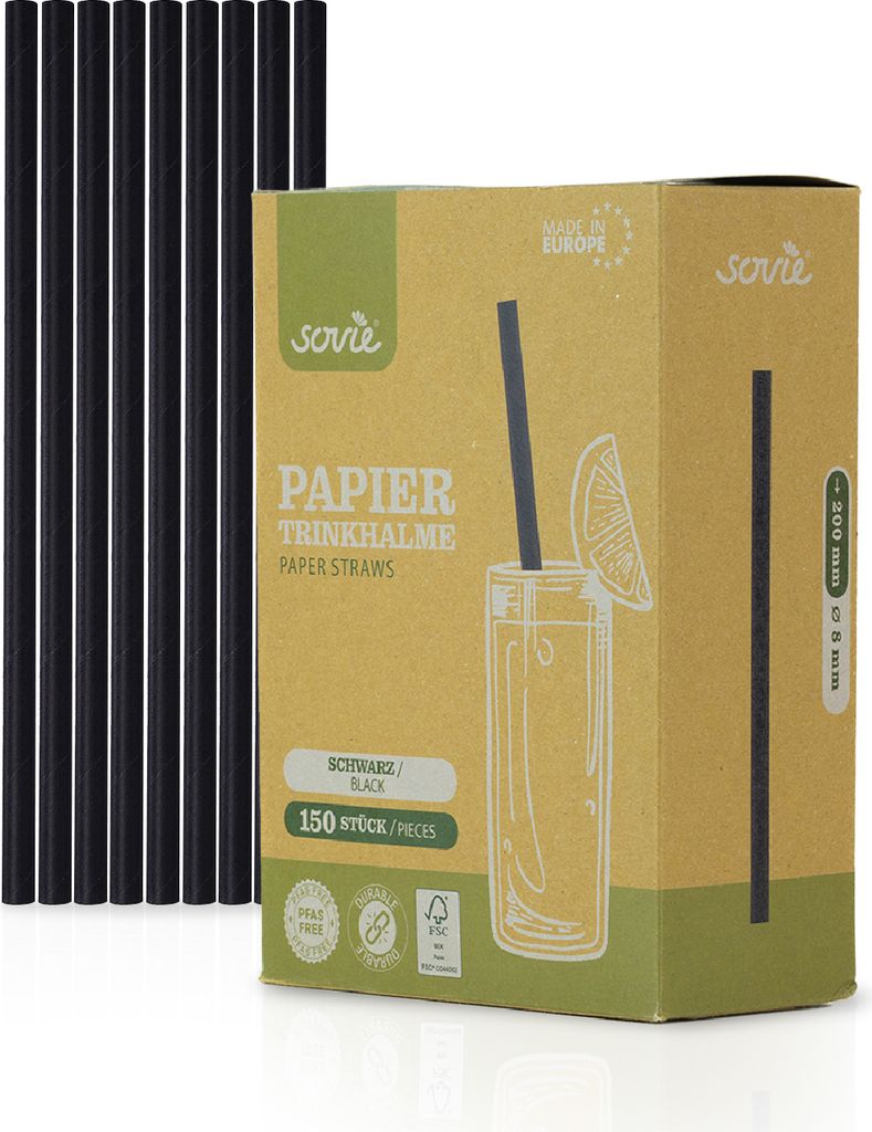 Trinkhalme in schwarz aus Papier, Ø 8 mm / 20 cm, 3450 Stück verpackt im Pappkarton - Mank