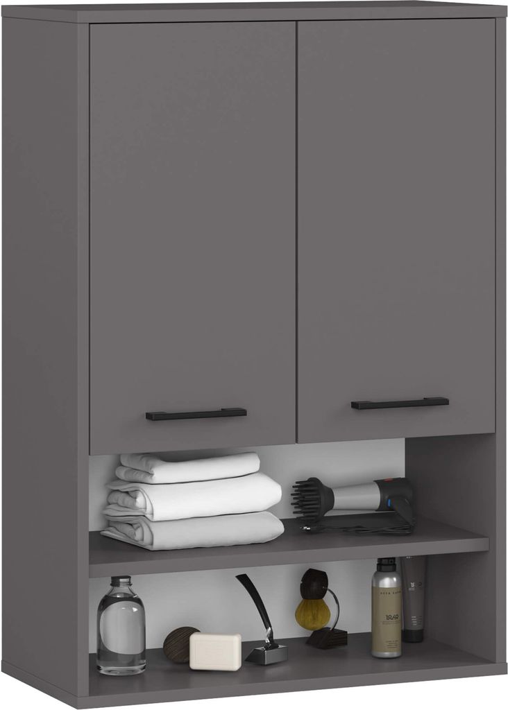 A gray bathroom wall cabinet with two doors and open shelves displaying towels, a hairdryer, soap, and bottles.